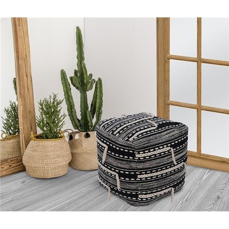 Chic Home FON9637-US Modern Transitional Spiro Ottoman With Woven Cotton Upholstered Two-Tone Striped Pattern With Tassels Square Pouf; Black